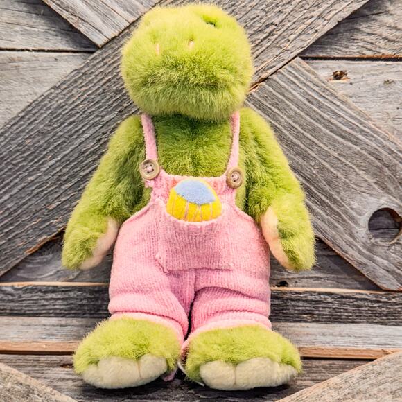 2001 Vintage Hugfun Plush Green Frog with Easter Egg in Pink Overalls, Rare, 9” - Picture 2 of 6